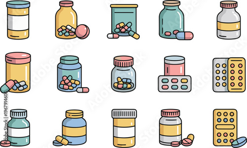 Flat illustration of medicine bottles, pills and capsules set with pharmaceutical containers, healthcare drugs and pharmacy concept isolated background