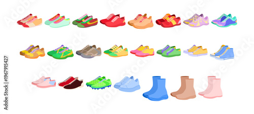 Sneakers shoe color pair set. Athletic running tennis hiking skate soccer sneakers canvas, high top stretch for man woman unisex. Fashion footwear reference board, bright and outline rows, flat vector