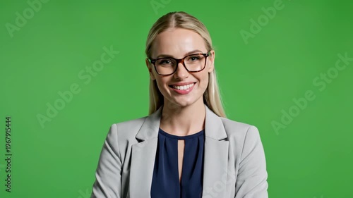 Confident professional woman smiling in front of green screen