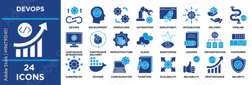 devOps icon set illustrating infrastructure, cloud, monitoring, logging, orchestration, container, kubernetes, docker.  solid illustration