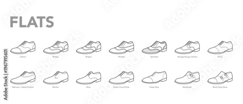 Mens dress shoes flats labeled chart. Oxford derby brogue wingtip spectator, balmoral blucher buck dresshoe monk strap outline. Technical footwear guide vector women unisex isolated.