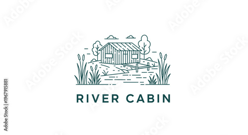 Minimalist river cabin illustration with nature elements and serene landscape.