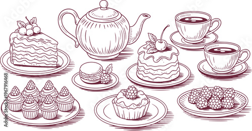 Charming hand-drawn assortment of sweet desserts and hot beverages including cakes macarons and tea
