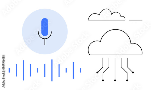 Voice recognition. Minimalist design showing microphone, sound waves, and cloud computing connections. Voice recognition in AI, cloud storage, digital communication, automation, and innovation