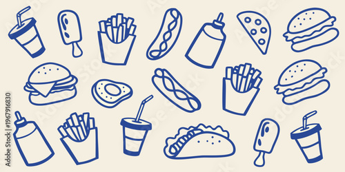 A collection of hand drawn fast food items in blue lines