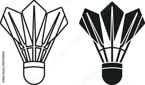 Badminton shuttlecock icons set, sports equipment in line art and black silhouette styles, birdie vector illustrations for competition and recreation.