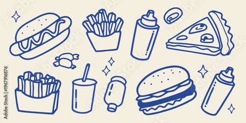A collection of fast food items drawn in a simple blue line art style