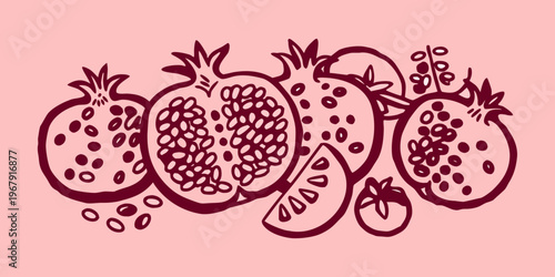Stylized illustration of pomegranates including a cut open fruit on pink