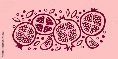 Hand drawn illustration of sliced pomegranates and scattered seeds
