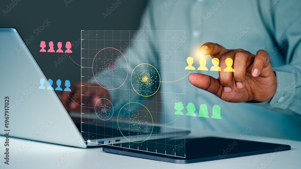 Fototapeta premium Business professional analyzing data clustering visualization on digital interface, customer segmentation groups connected to user icons, big data analytics, marketing strategy and audience targeting