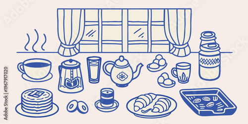 A blue line drawing depicts a breakfast setting with food and drink