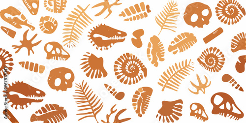 A repeating pattern of orange dinosaur fossils and prehistoric plant life