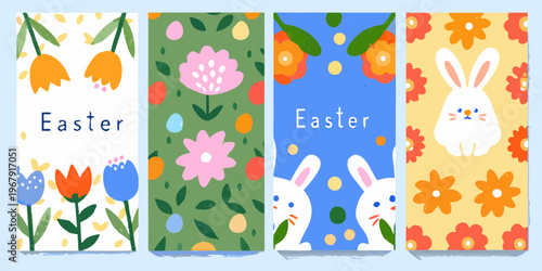 Colorful easter themed illustrations featuring flowers eggs and adorable bunnies