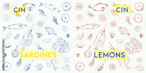 Stylized illustration of fish lemons and sardines on a light background