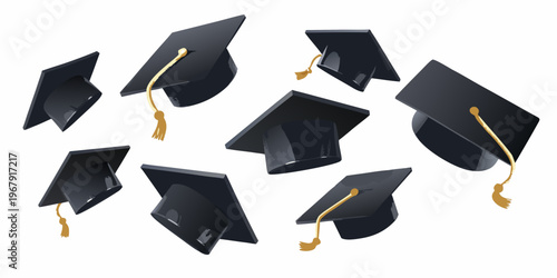 Floating graduation caps in a celebratory arrangement symbolizing academic achievement