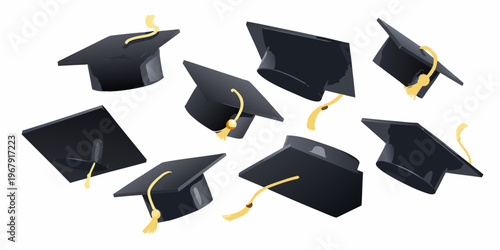 Flying graduation caps celebrate academic achievement and future success