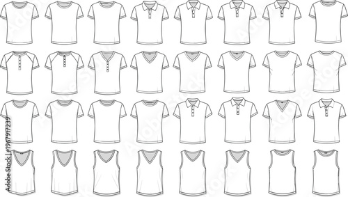 Set of blank white shirt templates including t-shirts, polo shirts, tank tops, and v-neck apparel, fashion technical drawing vector illustrations.