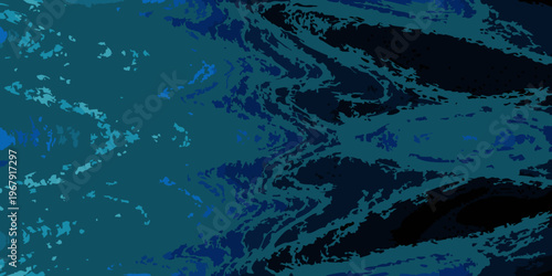 Abstract swirling patterns of deep blues and teal create a fluid design