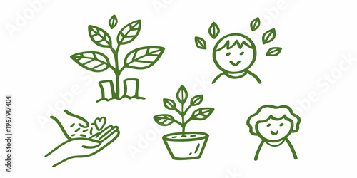 Doodle illustration depicting plant growth hands and human faces