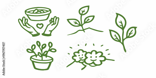 Hand drawn green plants hands and a basket representing growth