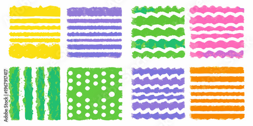 Colorful crayon strokes and patterns arranged in a grid layout