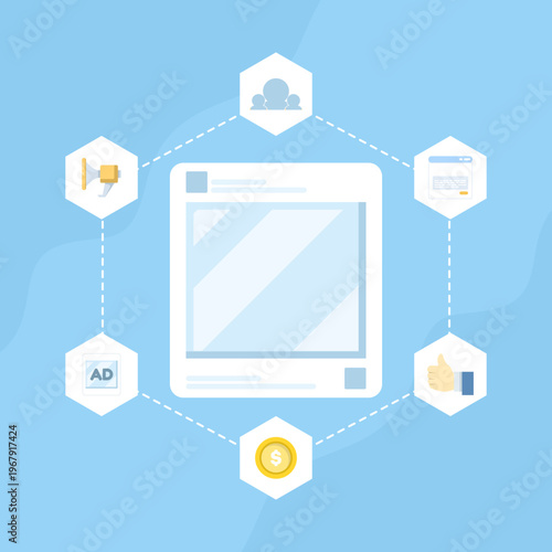 Digital marketing concept illustration, paid social media campaigns to promote business, expand audience reach, and boost engagement through likes and shares vector.