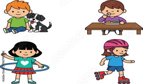 Cute Cartoon Kids Activity Set with Children Playing with Pet Dog, Eating, Hula Hoop, and Roller Skating for Fun Childhood Lifestyle Illustration Design Projects.