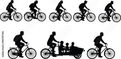 Black silhouettes of people riding bicycles set, including city bikes and cargo bike with children, urban eco-friendly transportation vector icons.