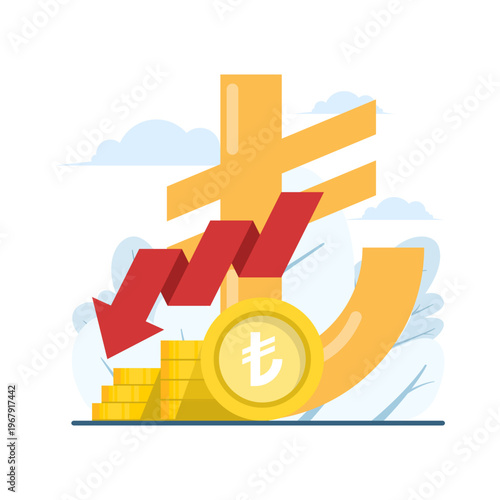 Flat vector Turkish Lira symbol with red downward arrow, currency devaluation, economic downturn, forex trend, financial downturn, and market illustration. Flat design illustration on background.