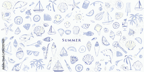 A collection of hand drawn summer themed icons and marine life