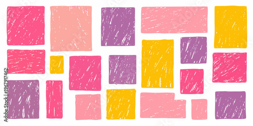 Abstract arrangement of colorful textured rectangles in varying sizes