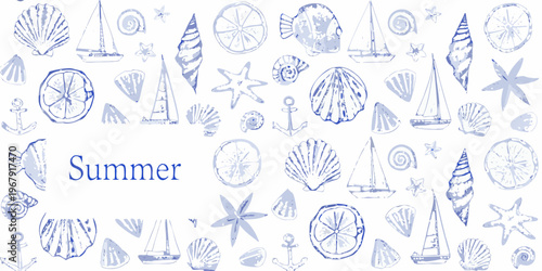 Blue nautical illustrations of seashells sailboats and marine life