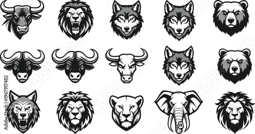 Set of fifteen predator animal head mascot icons including lion, wolf, bull, bear and elephant, monochrome sports team vector illustrations.