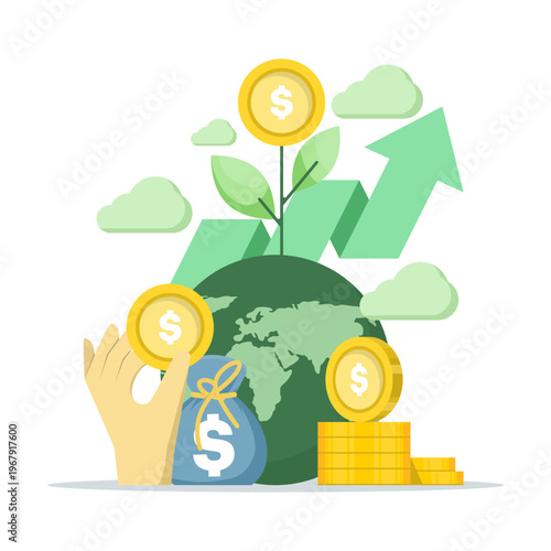 Sustainable finance concept illustration, ESG investment, environmental social governance, responsible investment, green growth, and ethical financial strategy vector design.