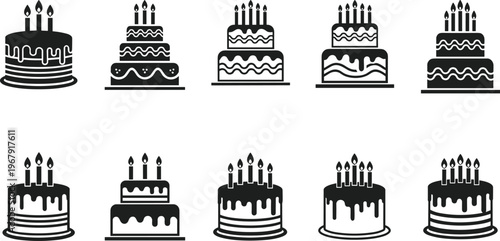 Set of ten birthday cake icons with candles, black silhouette tiered cakes with frosting and drip designs, festive celebration vectors.