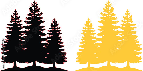 Pine tree vector silhouettes, a set of three evergreen trees in black and golden yellow, natural forest elements for outdoor and nature-themed designs, isolated on white.