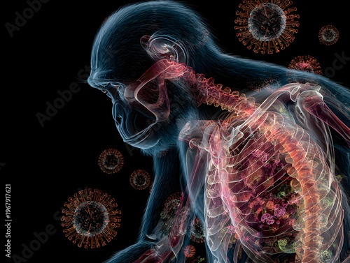 3D render of a monkeys internal body showing a virus.