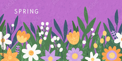 A colorful illustration of spring flowers and lush green foliage