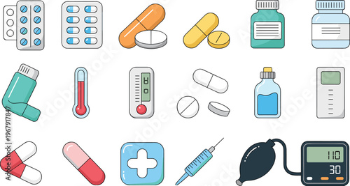 Medical and pharmaceutical icon set with pills, inhaler, thermometer, syringe and healthcare devices for treatment, diagnosis and clinical illustration