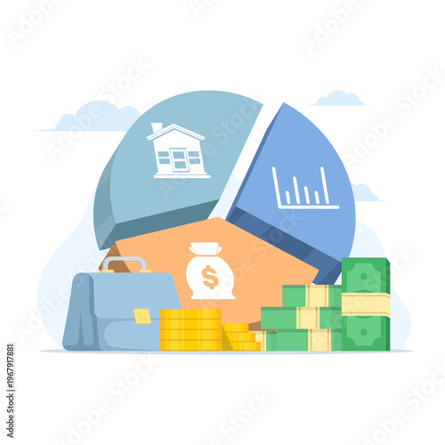 Business investors manage asset allocation with portfolio pie chart illustration, financial planning, investment strategy, risk management, and wealth management vector.