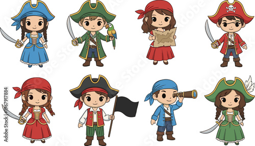 Set of cute chibi pirate characters with swords, maps, parrots and flags, little girl and boy corsair illustrations for kids.