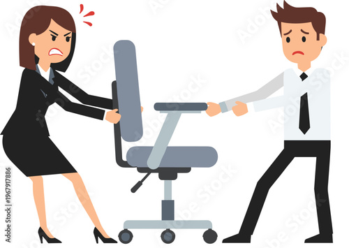 Angry businesswoman and sad businessman fighting over office chair, work conflict and job competition concept, professional colleagues arguing at workplace.