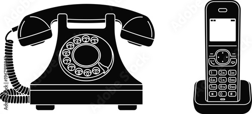 Vintage rotary dial telephone and modern cordless phone silhouettes set, telecommunication technology evolution, classic landline and digital handset vector icons.