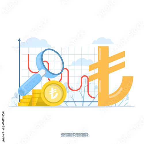 Flat vector Turkish Lira symbol with red downward arrow, currency devaluation, economic downturn, forex trend, financial downturn, and market illustration. Flat design illustration on background.