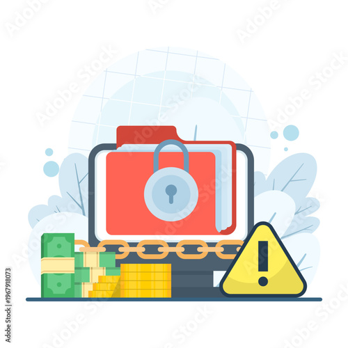 Cybersecurity concept illustration, ransomware virus locking files on computer, data encryption, digital hosting, warning danger, and cybercrime security issue vector.