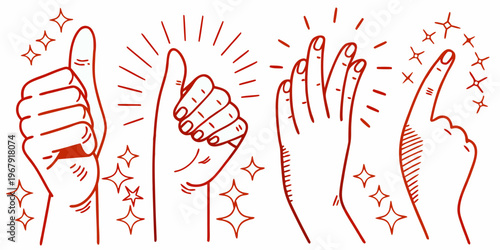Four hands making different gestures with radiating lines and stars