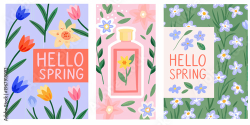 Floral spring banners with perfume bottle and greeting message