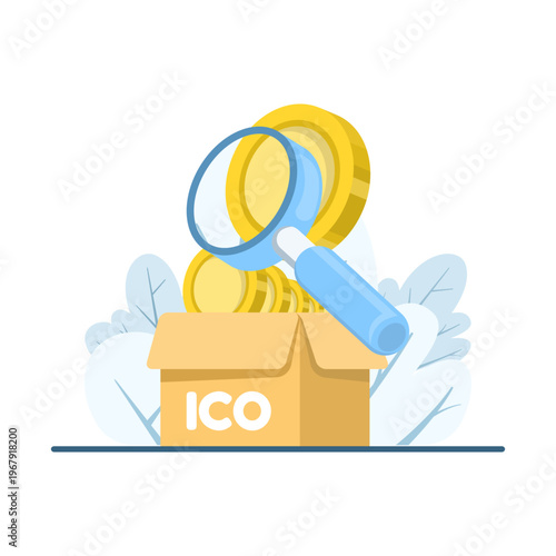 ICO illustration, initial coin offering process, creating new cryptocurrency tokens, investors choosing coins, blockchain technology, and crypto investment concept vector.