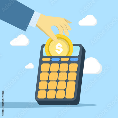 Finance concept illustration, calculator counting money, savings, bank deposit, collecting funds, family budget planning, and economic management vector design.