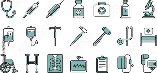Minimal line medical icons set with healthcare equipment, hospital tools, diagnostic devices and clinical symbols isolated on clean background